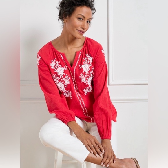 Talbots Tops - Talbots CRINKLE GAUZE EMBROIDERED POPOVER Red size M